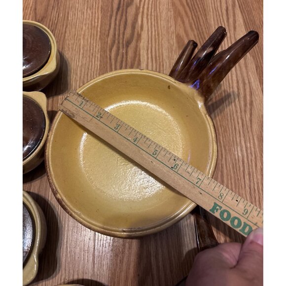 Rare Set Of Vtg Artisan crocks & Plates Brown & tan drip Clay MCM Pull Handles - Picture 3 of 11